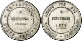 1873. Revolución Cantonal. Cartagena. 5 pesetas. (Cal. 6). 28,67 g. Reverso no coincidente. 86 perlas en la gráfila del anverso y 90 en la del reverso...