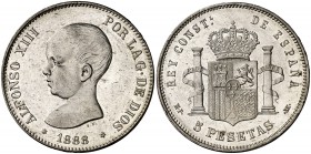 1888*1888. Alfonso XIII. MPM. 5 pesetas. (Cal. 13). 25,21 g. Leves rayitas. Bella. Escasa así. EBC+.