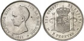 1891*1891. Alfonso XIII. PGM. 5 pesetas. (Cal. 17). 24,75 g. Leves marquitas. MBC+.