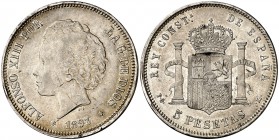 1893*1893. Alfonso XIII. PGL. 5 pesetas. (Cal. 21). 25 g. Leves golpecitos. Parte de brillo original. MBC+.