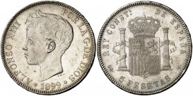 1899*1899. Alfonso XIII. SGV. 5 pesetas. (Cal. 28). 25,01 g. Leves golpecitos. Buen ejemplar. EBC-.