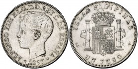 1897. Alfonso XIII. Manila. SGV. 1 peso. (Cal. 81). 24,93 g. Limpiada. Escasa. MBC+.
