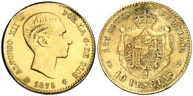 1879*1879. Alfonso XII. EMM. 10 pesetas. (Cal. 24). 3,16 g. Sirvió como joya. Pulida. Rayas en anverso y reverso. Rara. (BC+/MBC-).