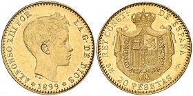 1899*1899. Alfonso XIII. SMV. 20 pesetas. (Cal. 7). 6,47 g. Leves rayitas. Parte de brillo original. EBC.