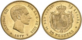 1877*1877. Alfonso XII. DEM. 25 pesetas. (Cal. 3). 8,09 g. Rayitas. EBC-.