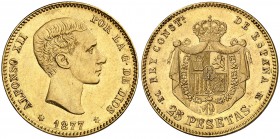 1877*1-77. Alfonso XII. DEM. 25 pesetas. (Cal. 3). 8,05 g. Leves rayitas. EBC.