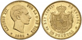 1880*1880. Alfonso XII. MSM. 25 pesetas. (Cal. 10). 8,08 g. Golpecitos. EBC-.