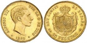 1880*1880. Alfonso XII. MSM. 25 pesetas. (Cal. 10). 8,07 g. Leves marquitas. EBC+.