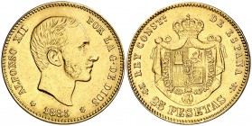 1885*1885. Alfonso XII. MSM. 25 pesetas. (Cal. 20). 8,04 g. Sirvio como joya. Rara. (MBC).