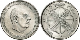 1966*1969. Estado Español. 100 pesetas. (Cal. 14). 19,17 g. Palo curvo. Escasa. EBC+.