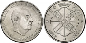 1966*1969. Estado Español. 100 pesetas. (Cal. 14). 18,95 g. Palo curvo. Escasa. S/C-.