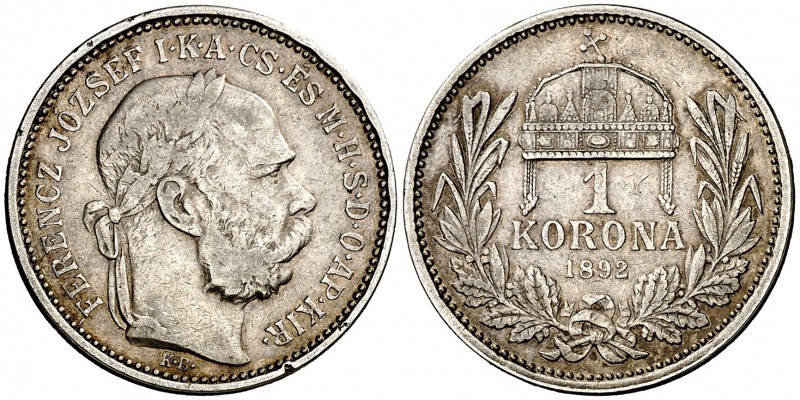 1892. Austria. Francisco José I. KB (Kremnitz). 1 corona. (Kr. 2804). 4,95 g. AG...
