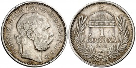 1892. Austria. Francisco José I. KB (Kremnitz). 1 corona. (Kr. 2804). 4,95 g. AG. Golpecito. Escasa. MBC-/MBC.