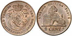 1858. Bélgica. Leopoldo I. 2 céntimos. (Kr. 4.2). 4,01 g. CU. Bella. S/C-.