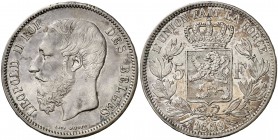1869. Bélgica. Leopoldo II. 5 francos. (Kr. 24). 24,86 g. AG. Ex Áureo & Calicó 27/05/2014, nº 5087. EBC-.