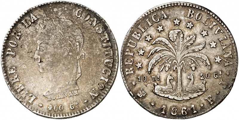 1861. Bolivia. Potosí. FJ. 8 soles. (Kr. 138.6). 20 g. AG. MBC+.