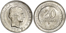 1947/5. Colombia. 20 centavos. (Kr. 208.2). 5,01 g. AG. EBC+.