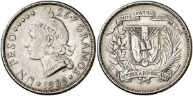 1939. República Dominicana. 1 peso. (Kr. 22). 26,63 g. AG. EBC-.