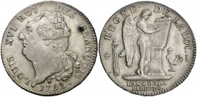 1792. Francia. Luis XVI. I (Limoges). 1 ecu. (Kr. 615.6). 29,32 g. AG. Rara. MBC+.