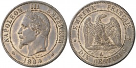 1864. Francia. Napoleón III. A (París). 10 céntimos. (Kr. 798.1). 10 g. CU. Bella. Escasa así. EBC+.