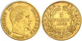1860. Napoleón III. BB (Estrasburgo). 5 francos. (Fr. 579) (Gadoury 1001). 1,58 g. AU. MBC.