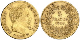 1866. Francia. Napoleón III. A (París). 5 francos. (Fr. 588) (Kr. 803.1). 1,62 g. AU. MBC+.