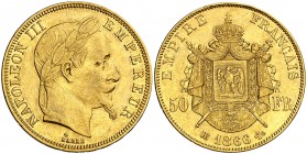 1866. Francia. Napoleón III. BB (Estrasburgo). 50 francos. (Fr. 583) (Kr. 804.2). 16,10 g. AU. MBC+.