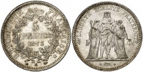 1873. Francia. III República. A (París). 5 francos. (Kr. 820.1). 25,02 g. AG. Bella. Brillo original. Escasa así. EBC+.