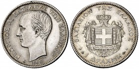 1868. Grecia. Jorge I. A (París). 1 dracma. (Kr. 38). 5 g. AG. Golpecito. Escasa. EBC-.