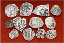 1/2, 1 y 2 reales. Lote de 12 monedas macuquinas de la época de los austrias. A examinar. BC-/MBC-.