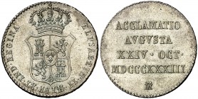 1833. Isabel II. Madrid. Medalla de Proclamación. Módulo 2 reales. (Ha. 21) (V. 749) (V.Q. 13370). 6 g. Bella. EBC+.