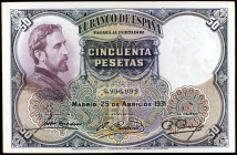 1931. 50 pesetas. (Ed. C10). 25 de abril, Rosales. Nº de serie curioso, 9,996,999. MBC+.