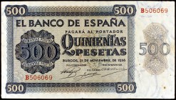 1936. Burgos. 500 pesetas. (Ed. D23a). 21 de noviembre. Serie B. Manchitas. Raro. MBC-.
