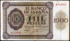 1936. Burgos. 1000 pesetas. (Ed. D24). 21 de noviembre. Serie A. Leves roturas. Raro. MBC-.