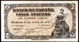1937. Burgos. 5 pesetas. (Ed. D25a). 18 de julio. Serie B. MBC.