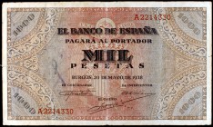 1938. Burgos. 1000 pesetas. (Ed. D35). 20 de mayo. Pequeñas roturas. Raro. (MBC-).