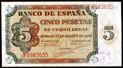 1938. Burgos. 5 pesetas. (Ed. D36a). 10 de agosto. Serie F. EBC+.