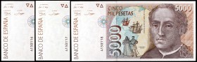 1992. 5000 pesetas. (Ed. E10). 12 de octubre, Colón. Trío correlativo, sin serie. S/C-.