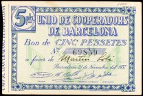 Barcelona. Unió de Cooperadors. (AL. 1064, 1065, 1067, 1069, 1073, 1077, 1078 y 1080). Ocho billetes: 5, 10, 50 céntimos (éste escaso), 1 y 2,50 peset...