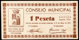 Monzón (Huesca). 25 y 50 céntimos, y 1 peseta. (KG. 510a) (T. 287 a 289). Agosto. Serie completa de 3 billetes. MBC-/MBC+.