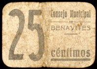 Benavites (Valencia). 25 céntimos. (KG. falta) (T. 275). Cartón. Raro. BC.