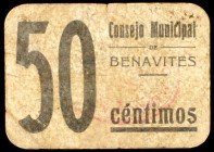 Benavites (Valencia). 50 céntimos. (KG. falta) (T. 274a). Cartón. Raro. MBC-.