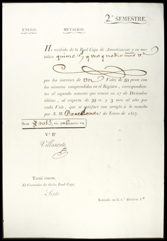 1827. Fernando VII. Real Caja de Amortización de Vales. Recibo de intereses de u...