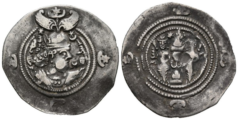 IMPERIO SASANIDA, Cosroes II. Dracma. (Ar. 3,71g/32mm). Año 13. Anv: Busto con c...