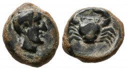 SICILIA, Motya. Ae (Ae. 1,89g/11mm). 490-487 a.C. (HGC 2, 945). Anv: Cabeza masculina joven a derecha. Rev: Cangrejo. MBC. Escasa.