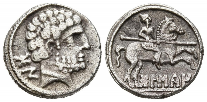 BOLSCAN (Huesca). Denario. (Ar. 3,63g/17mm). 180-20 a.C. (FAB-1911). Anv: Cabeza...