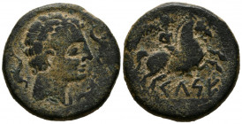 CELSE (Velilla del Ebro, Zaragoza). As. (Ae. 15,83g/30mm). 120-50 a.C. (FAB-771). Anv: Cabeza masculina a derecha con manto y fíbula, alrededor tres d...