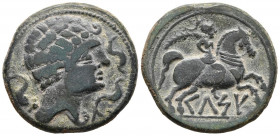 CELSE (Velilla del Ebro, Zaragoza). As. (Ae. 16,71g/30mm). 120-50 a.C. (FAB-771). Anv: Cabeza masculina con manto y fíbula a derecha, alrededor tres d...