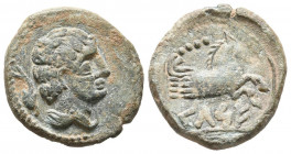 CELSE (Velilla del Ebro, Zaragoza). Cuadrante. (Ae. 3,63g/18mm). 120-50 a.C. (FAB-791). Anv: Cabeza masculina, detrás delfín. Rev: Parte delantera de ...