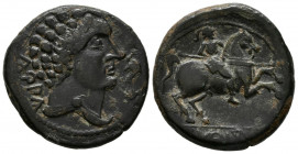 CONTERBIA CARBICA (Huete, Cuenca). As. (Ae. 8,07g/24mm). 120-80 a.C. (FAB-846). Anv: Cabeza masculina a derecha, detrás leyenda: CaRBiCa, delante delf...
